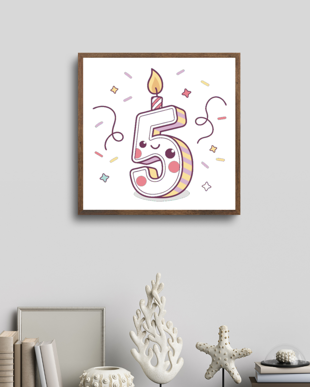 Cadre décoratif chiffre 5 avec motif kawaii pour enfants