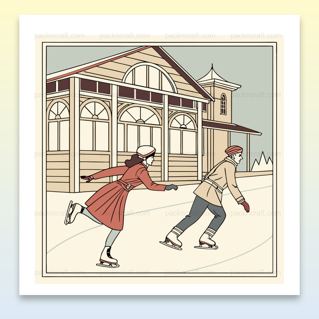 Illustration rétro de patinoire en pleine action, idéale pour déco vintage.