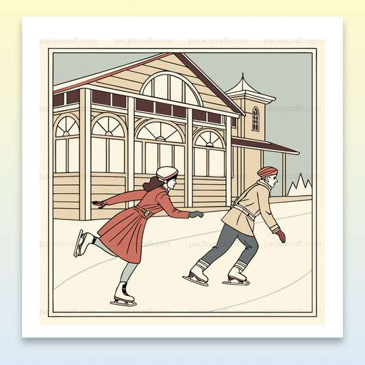 Illustration rétro de patinoire en pleine action, idéale pour déco vintage.