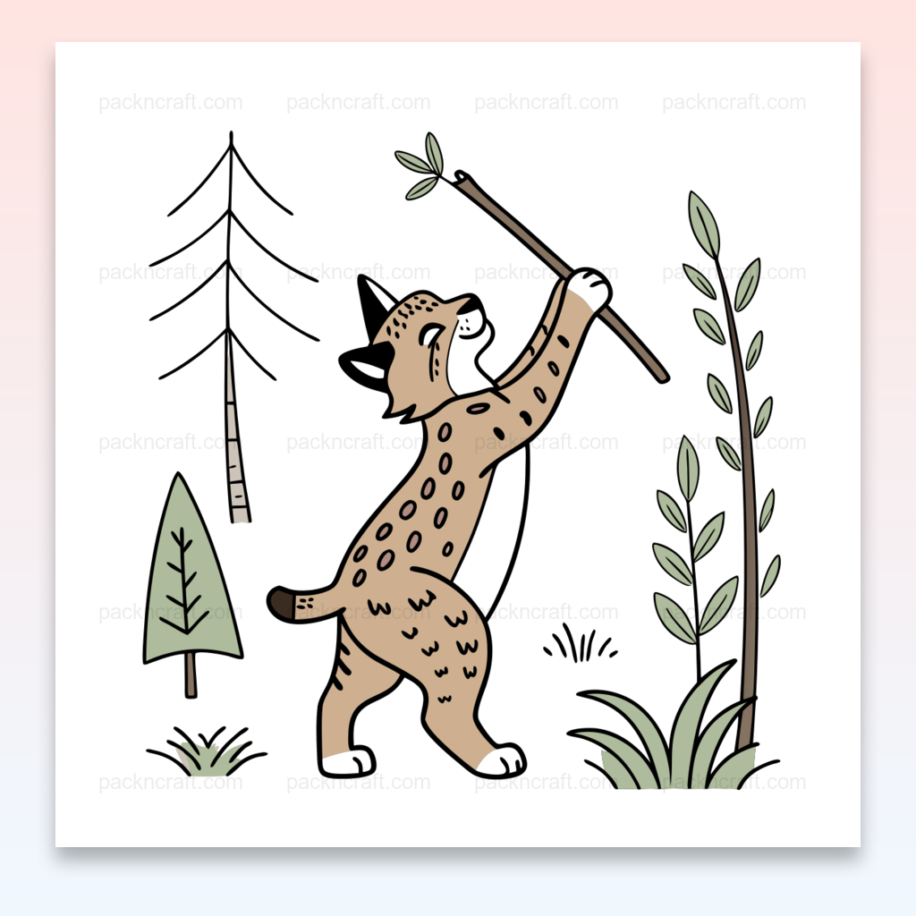 Illustration d'un lynx jouant en forêt, idéale pour stickers et papeterie.