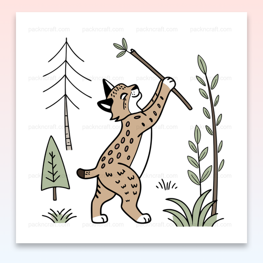 Illustration d'un lynx jouant en forêt, idéale pour stickers et papeterie.