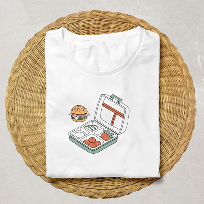T-shirt avec icône pastel d'une lunch box gourmande dans un style doux et moderne