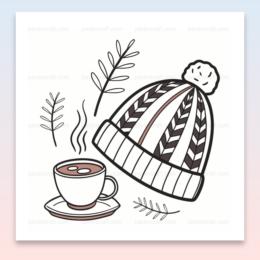 Illustration minimaliste d'un bonnet hivernal et d'une tasse fumante pour projets DIY et déco.