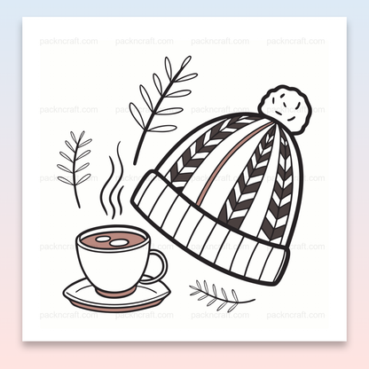 Illustration minimaliste d'un bonnet hivernal et d'une tasse fumante pour projets DIY et déco.