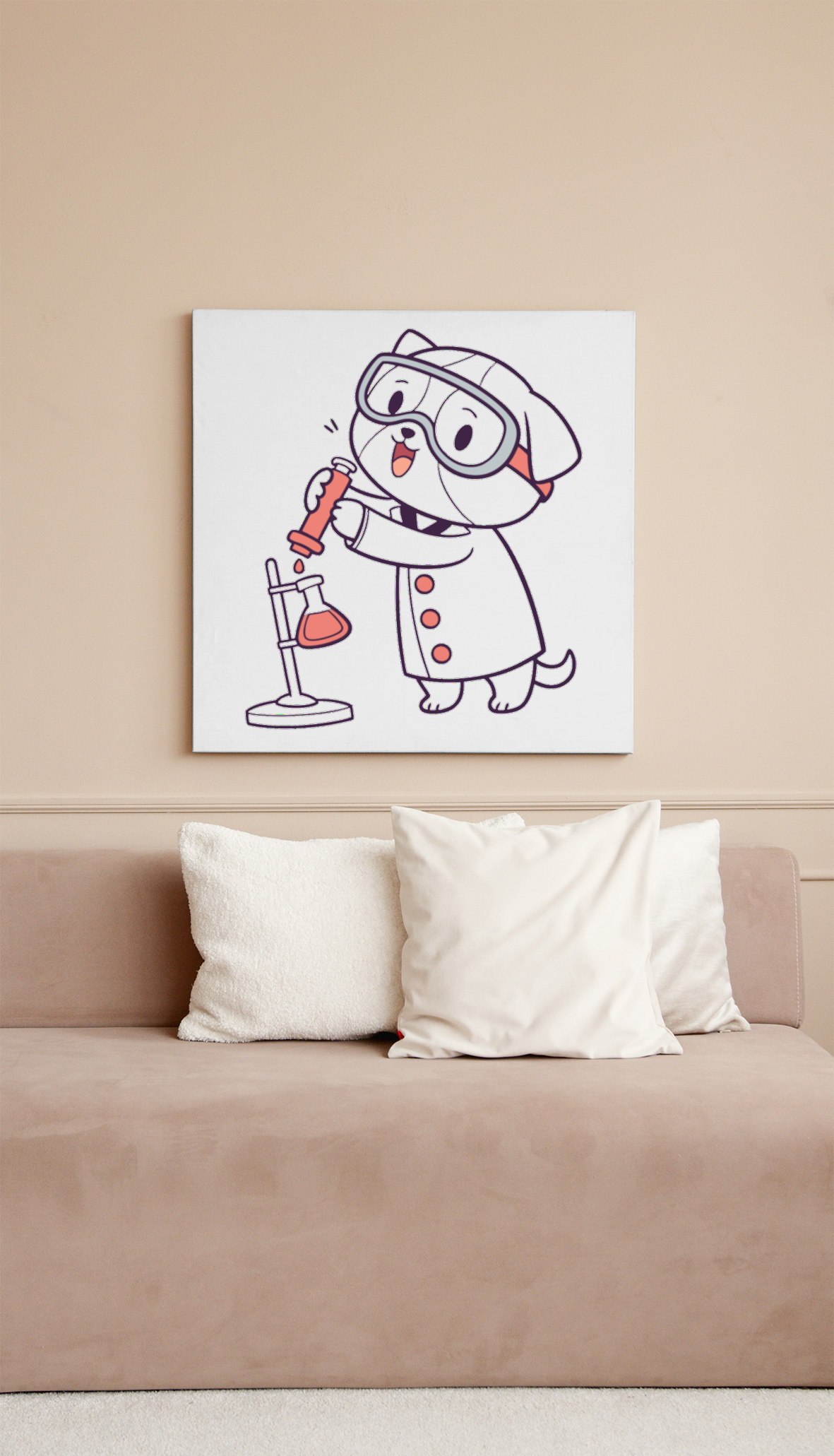 Cadre avec chien kawaii scientifique curieux style inspirant pour décoration murale