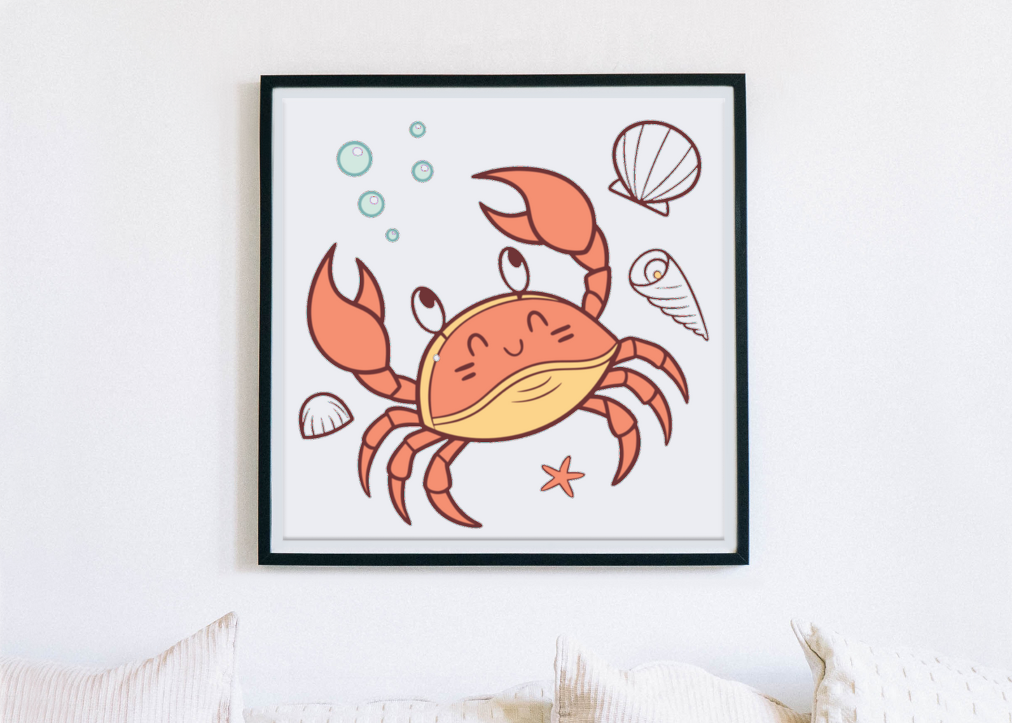 Cadre avec crabe joyeux en pastel flottant dans une ambiance océanique apaisante