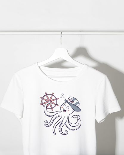 T-shirt avec pieuvre kawaii joyeuse tenant une barre dans un thème marin playful