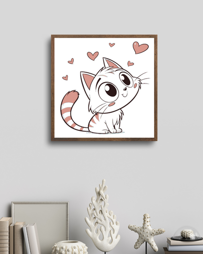 Cadre affichant un chaton curieux entouré de cœurs dans un style pastel charmant