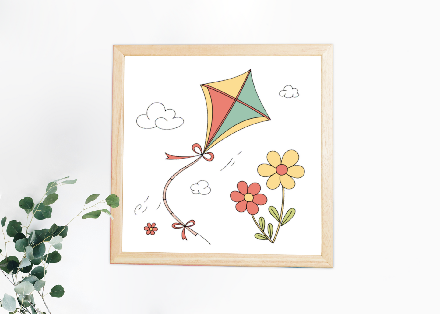 Cadre décoratif avec cerf-volant coloré flottant librement sur fond de printemps fleuri