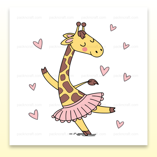 Illustration de girafe dansant avec tutu rose et cœurs en style kawaii