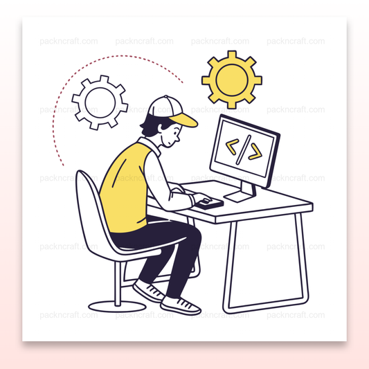 Illustration SVG de programmeur concentré sur ordinateur, parfaite pour stickers., Visuel de codeur au travail avec cadre décoratif pour inspiration papeterie., Programmeur tapant sur mug personnalisé pour amateurs de tech., Sticker de programmeur en pleine action pour décoration originale., T-shirt avec design de programmeur pour une touche moderne.