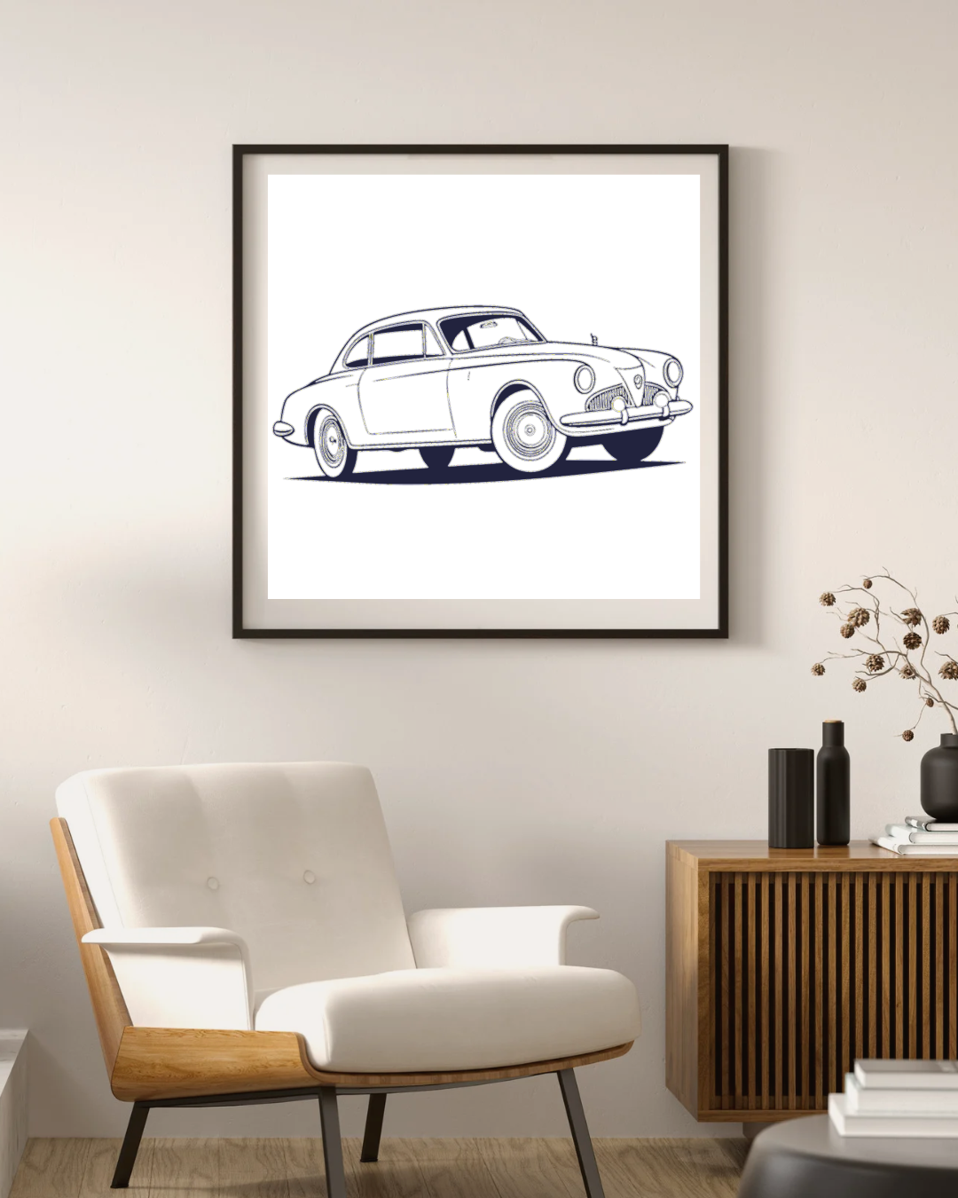 Cadre avec voiture vintage, style élégant