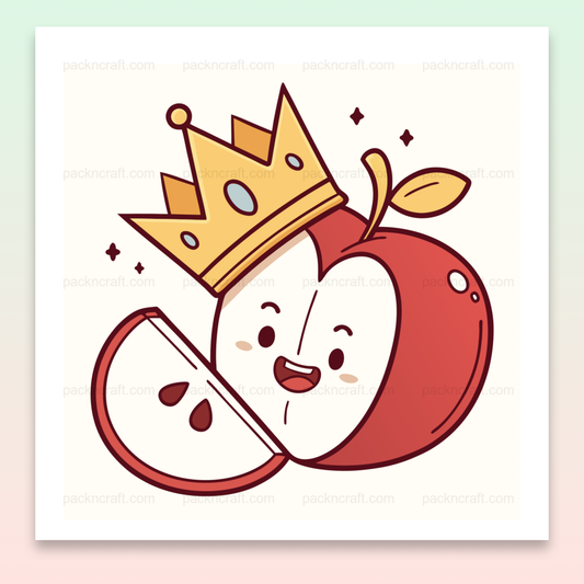 Illustration de pomme souriante avec couronne, style kawaii, pour papeterie et déco.