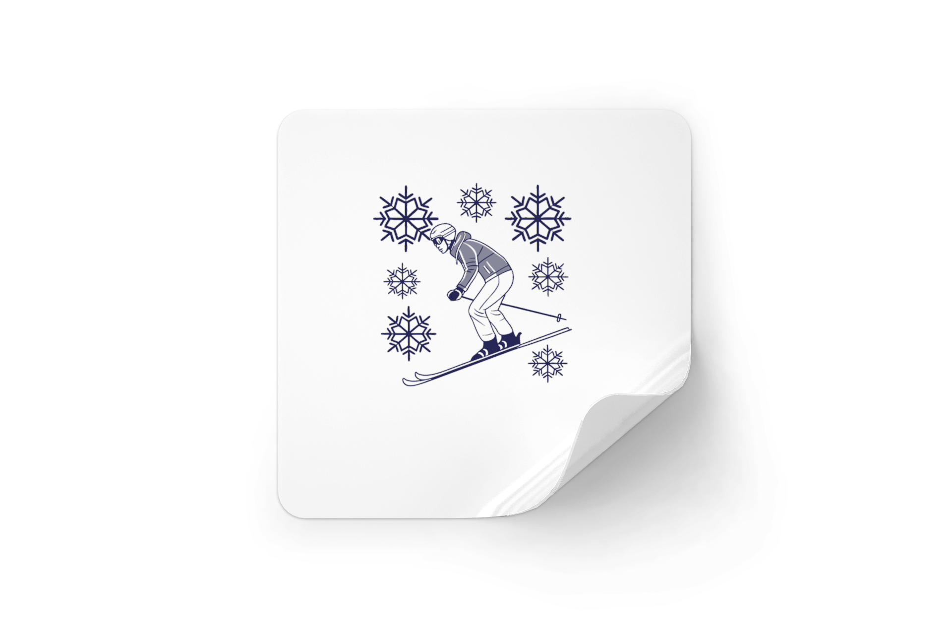 Sticker dynamique illustrant un skieur stylisé sur neige, ambiance hiver