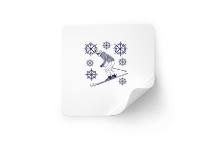 Sticker dynamique illustrant un skieur stylisé sur neige, ambiance hiver