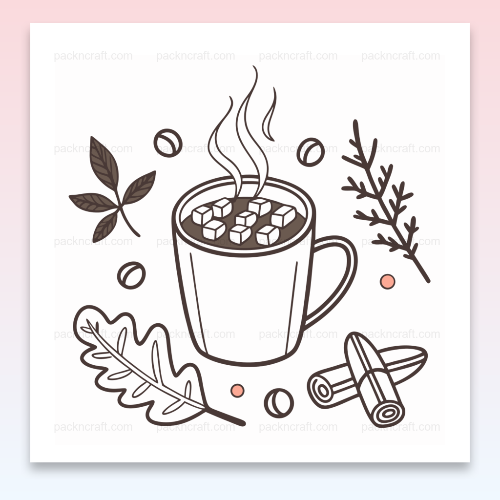 Illustration minimaliste de tasse de chocolat fumant avec thème automne, parfaite pour projets DIY.