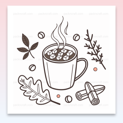 Illustration minimaliste de tasse de chocolat fumant avec thème automne, parfaite pour projets DIY.