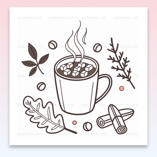 Illustration minimaliste de tasse de chocolat fumant avec thème automne, parfaite pour projets DIY.