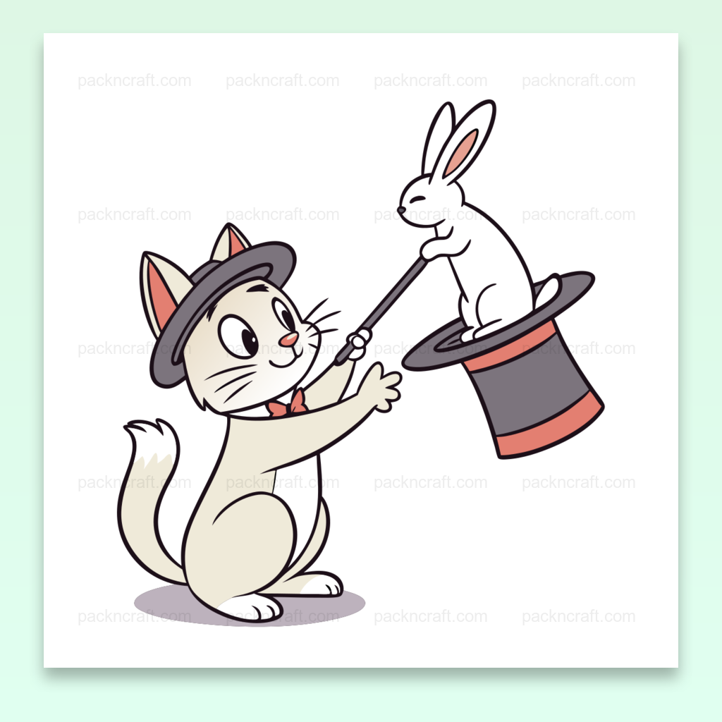 Chat magicien en cartoon avec un lapin sortant d'un chapeau magique.