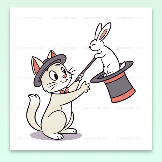 Chat magicien en cartoon avec un lapin sortant d'un chapeau magique.