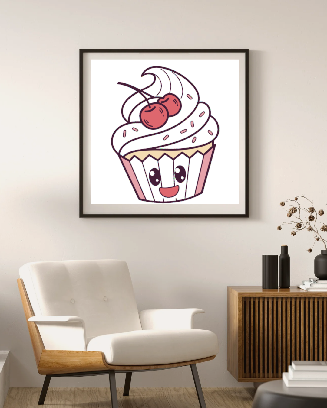 Cadre avec cupcake souriant illustré style doodle pour une décoration gourmande