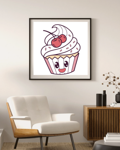 Cadre avec cupcake souriant illustré style doodle pour une décoration gourmande
