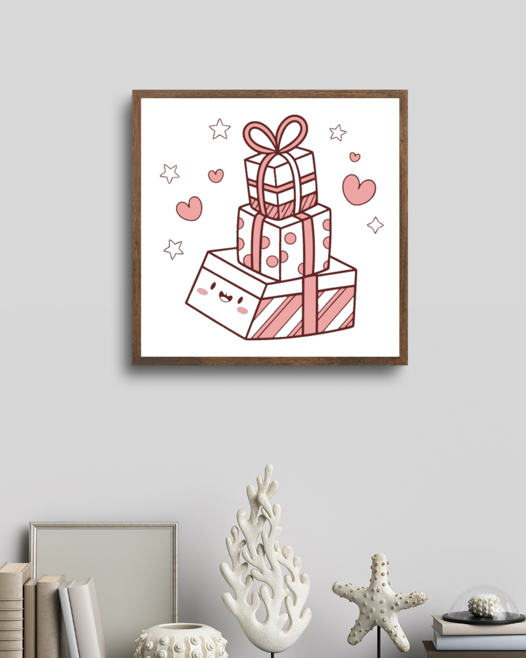 Cadre avec illustration kawaii de cadeaux, idéal pour déco.