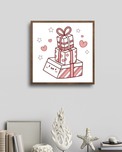 Cadre avec illustration kawaii de cadeaux, idéal pour déco.