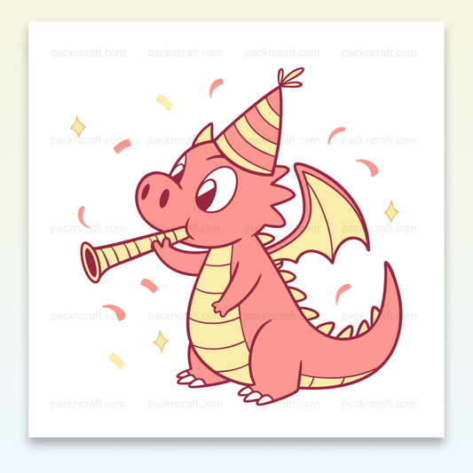 Adorable dragon kawaii fêtard avec chapeau et confettis pour déco anniversaire
