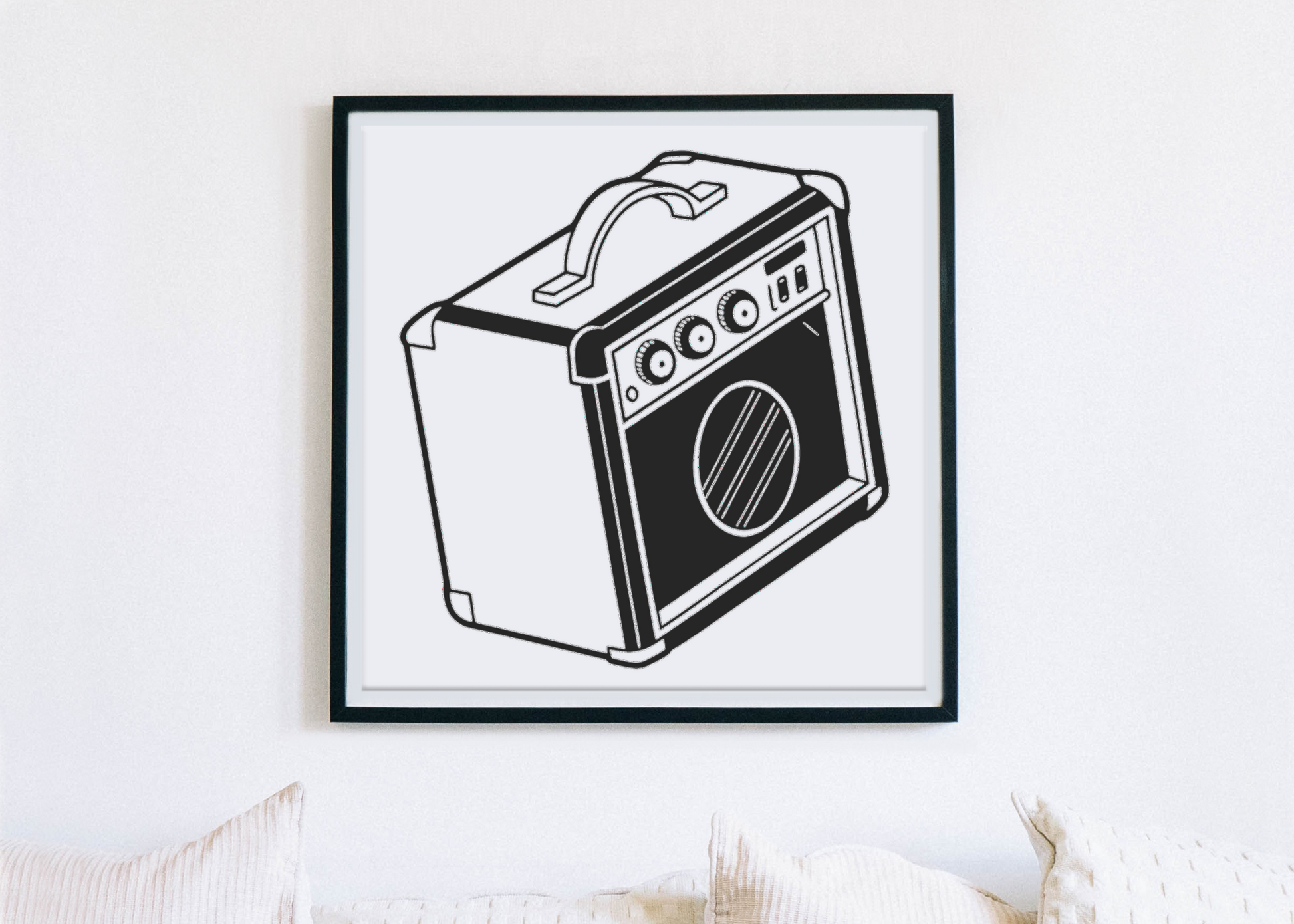 Cadre décoratif avec amplificateur vintage, ambiance rétro et musicale
