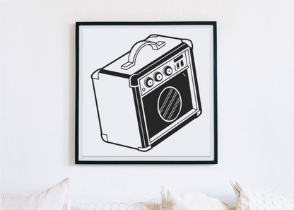 Cadre décoratif avec amplificateur vintage, ambiance rétro et musicale