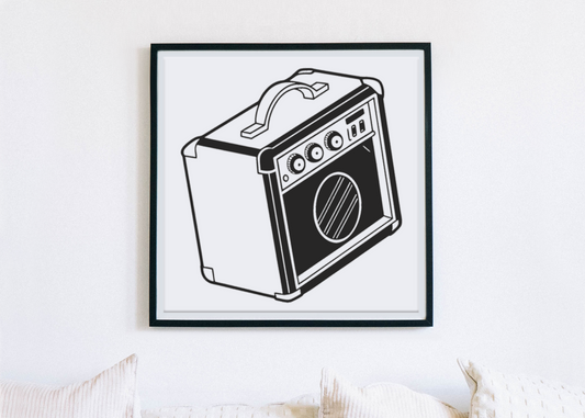Cadre décoratif avec amplificateur vintage, ambiance rétro et musicale