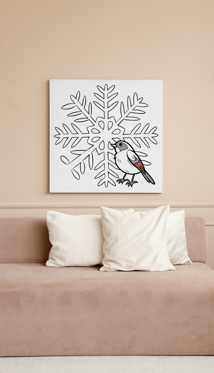 Cadre avec moineau curieux et flocon magique dans un style hivernal enchanteur