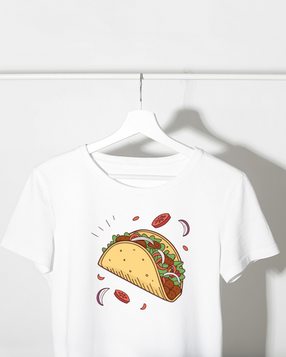 T-shirt au design coloré mettant en scène un taco sauté graphique et stylisé