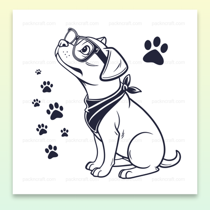Illustration chien curieux avec lunettes, parfaite pour projets DIY et déco.