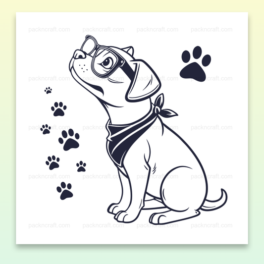 Illustration chien curieux avec lunettes, parfaite pour projets DIY et déco.