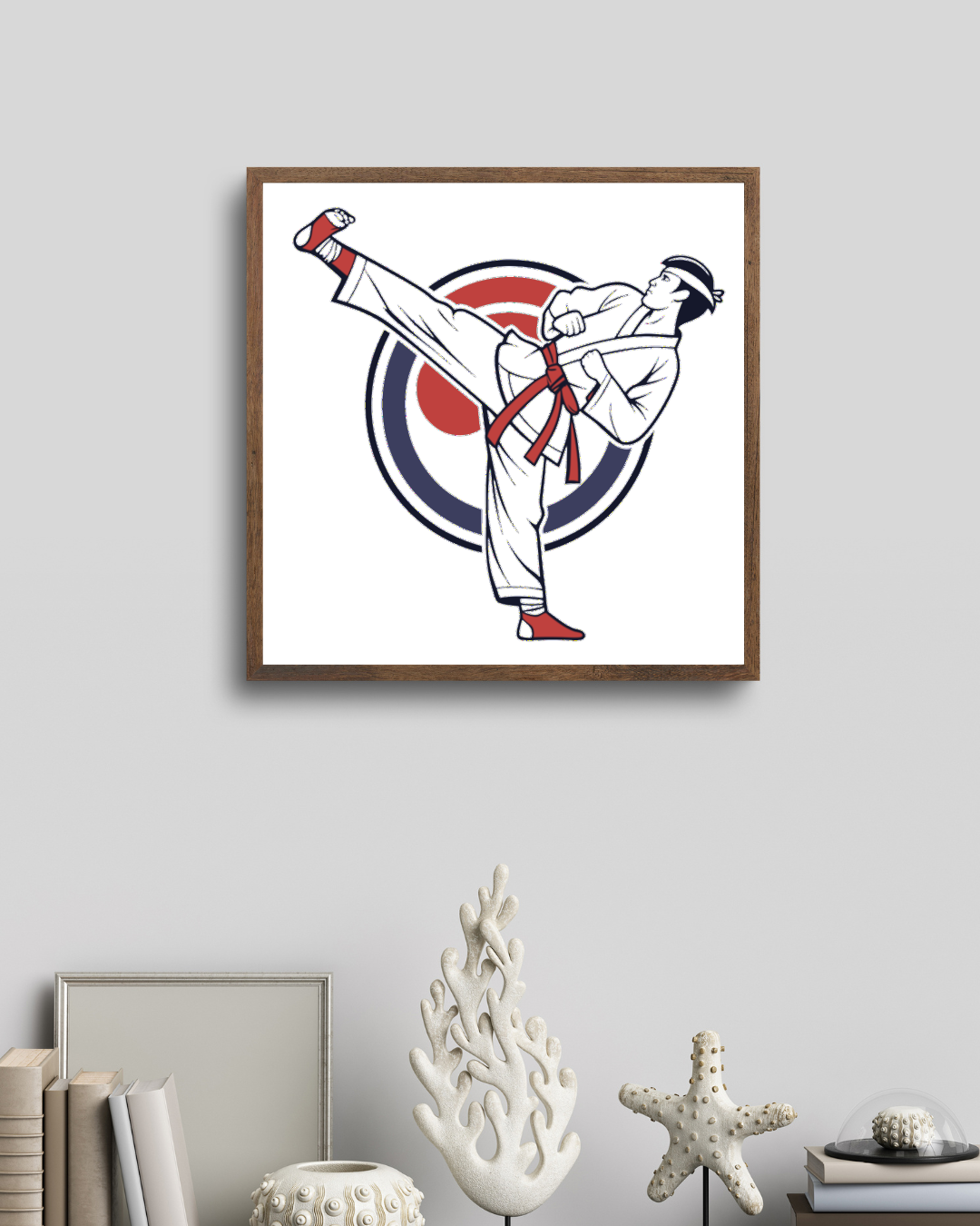Cadre avec illustration énergique de karateka en style vectoriel dynamique