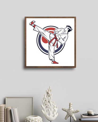 Cadre avec illustration énergique de karateka en style vectoriel dynamique