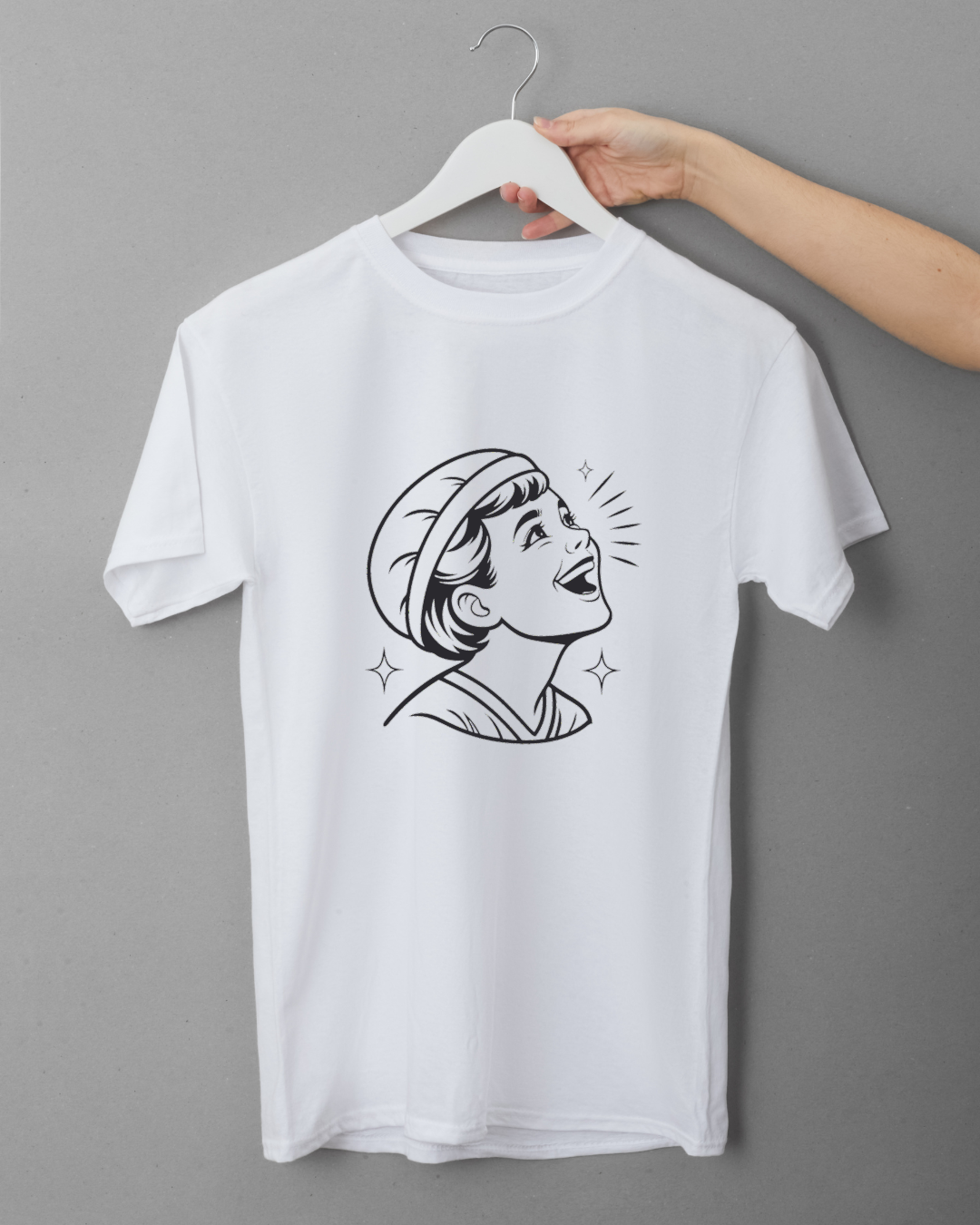 T-shirt joyeux avec icône d'enfant riant vers le ciel éclatant et coloré