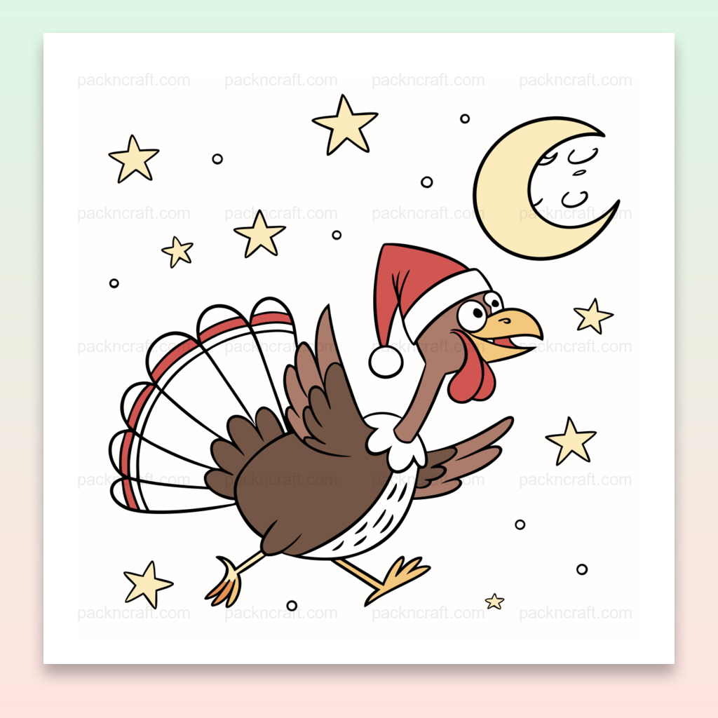 Illustration joyeuse d'une dinde sous la lune de Noël, idéale pour DIY.