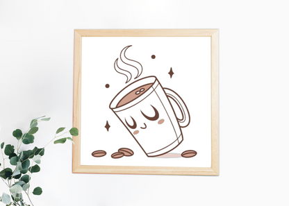 Cadre cosy avec motif cartoon tasse café pour ambiance relaxante et rêverie