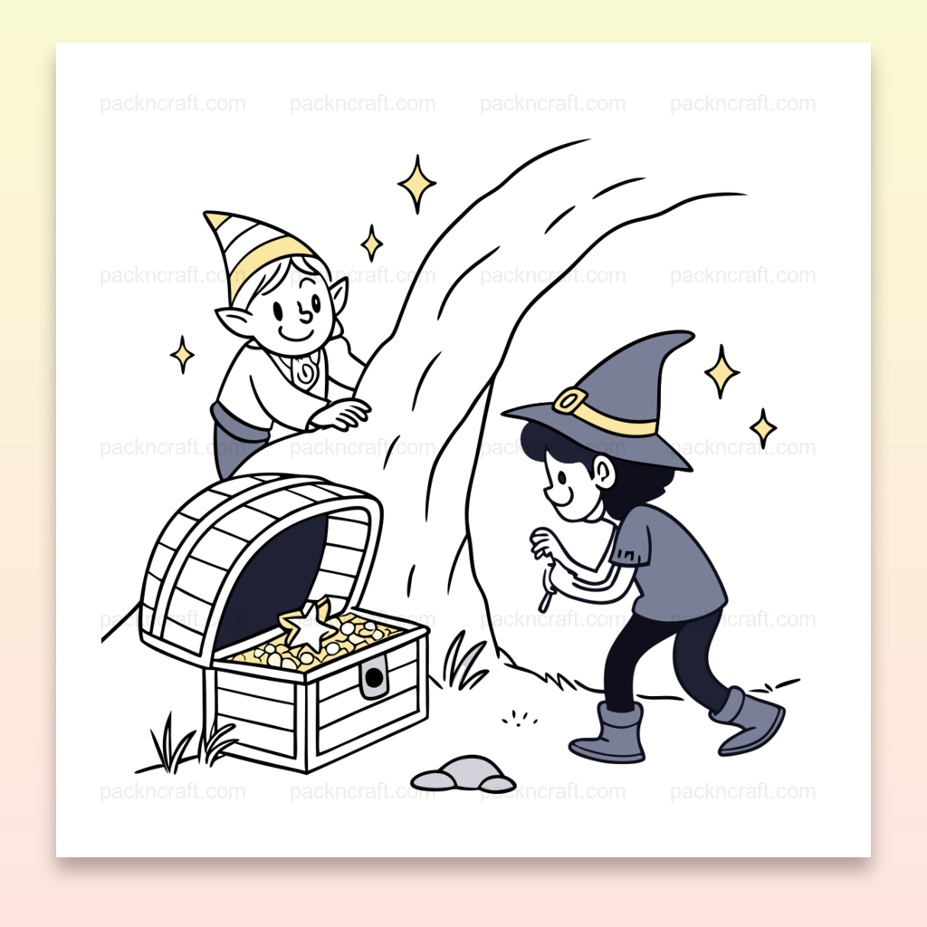 Illustration vectorielle d'un lutin joyeux trouvant un trésor, idéale pour DIY et déco magique