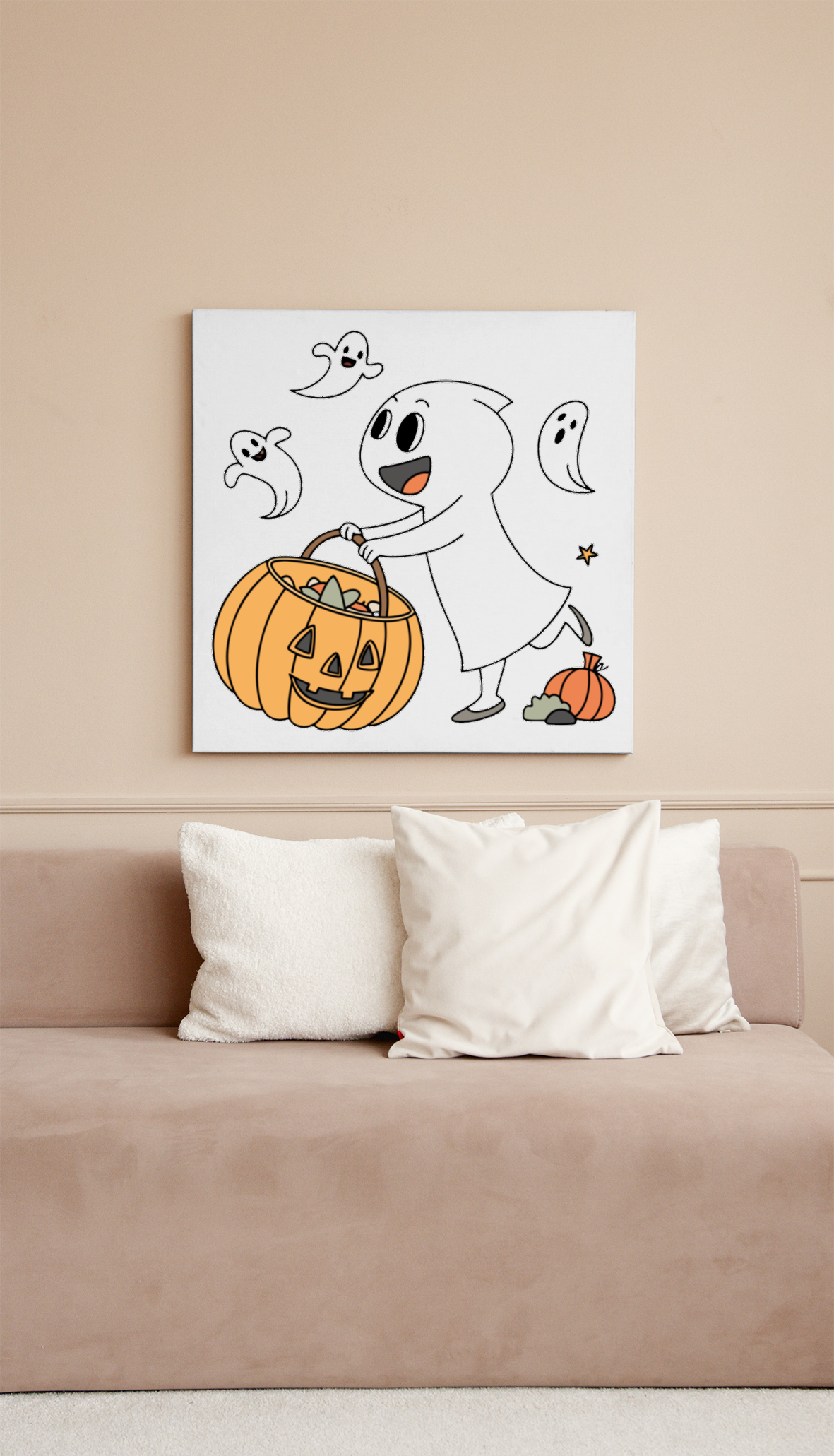 Cadre décoratif avec fantôme joyeux tenant une citrouille dans un style doodle festif