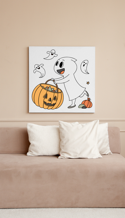 Cadre décoratif avec fantôme joyeux tenant une citrouille dans un style doodle festif