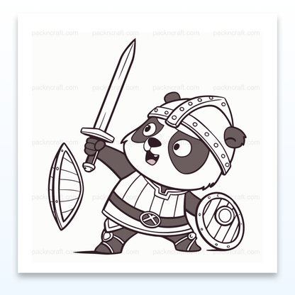 Illustration de panda chevalier brandissant épée et bouclier, style vectoriel minimaliste