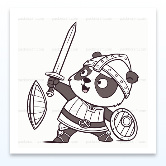 Illustration de panda chevalier brandissant épée et bouclier, style vectoriel minimaliste