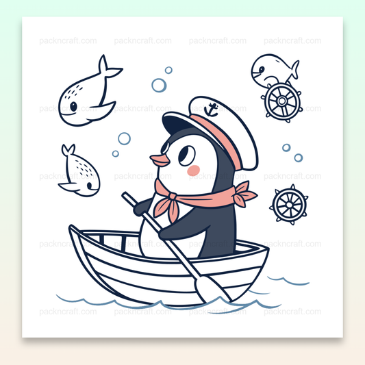 Illustration d'un pingouin joyeux en bateau, idéal pour déco et projets marins.