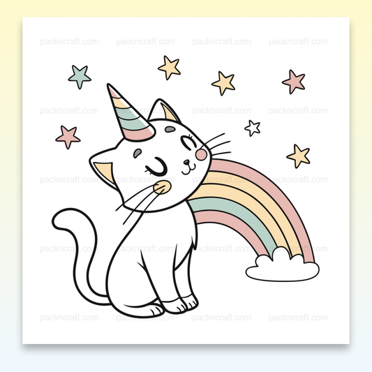 Illustration numérique d'un chat licorne rêveur en style pastel, idéale pour déco et projets créatifs.
