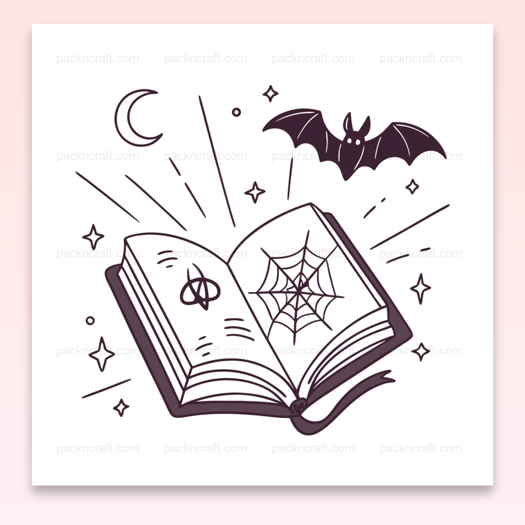 Illustration de livre enchanté avec chauve-souris pour Halloween, idéale pour projets DIY