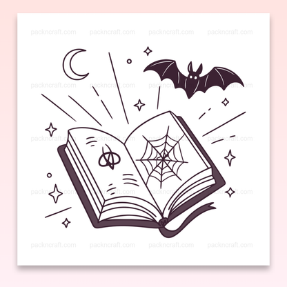 Illustration de livre enchanté avec chauve-souris pour Halloween, idéale pour projets DIY